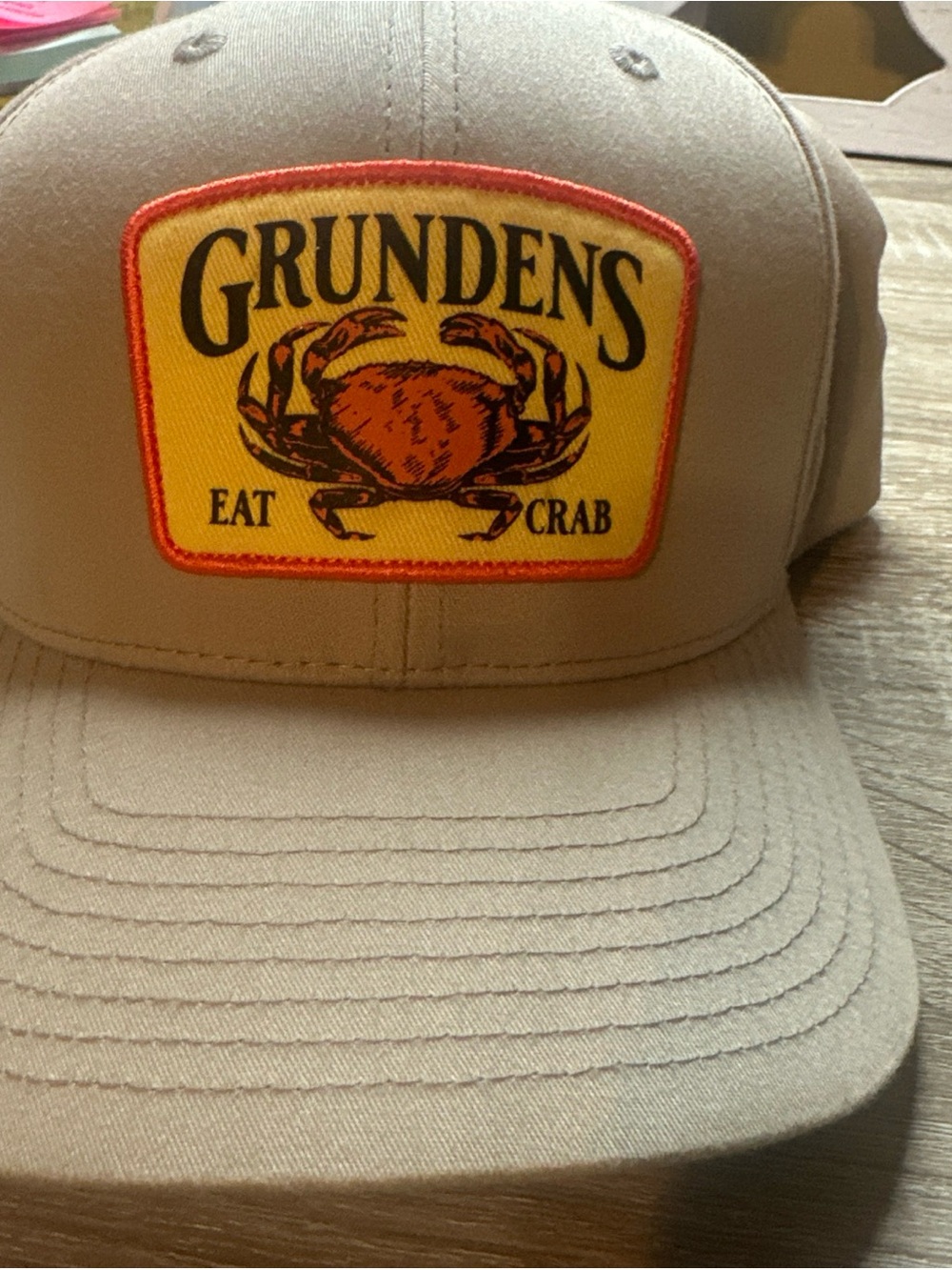 Grundens Beige 'Eat Crab' Patch Trucker Hat